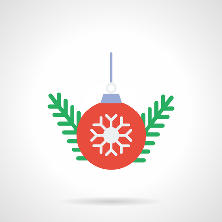 Fir-tree green branch and red Xmas ball with single white snowflake. Winter holidays items. Flat color style vector icon. Buttons and design elements for website, mobile app, business.のイラスト素材