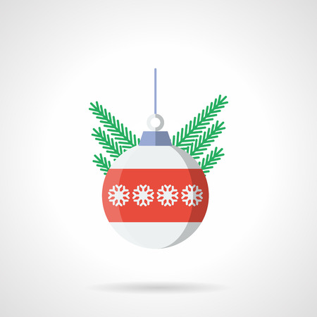 White Christmas decoration sphere with red stripe, ornate with white snowflakes. Xmas bauble. Winter celebrations. Flat color style vector icon. Single web design element for mobile app or website.のイラスト素材