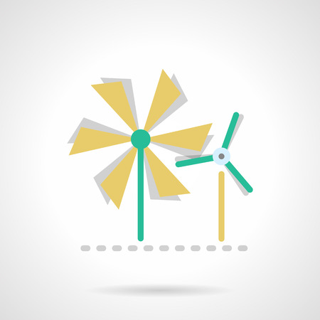 Wind power mills, rotating. Saving energy technology, alternative energy. Flat color style vector icon. Single web design element for mobile app or website.のイラスト素材