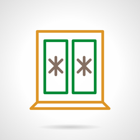 Window with green and yellow frame, glass decorated with abstract snowflakes. Wintertime. Christmas holidays. Color simple line vector icon. Elements of web design for business, website and mobileのイラスト素材