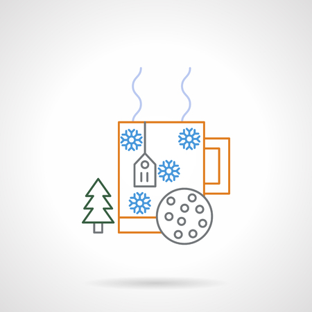 Cup with hot tea or coffee and cake. Snowflakes and fir decoration. Winter holidays, Christmas and New Year event. Flat color line vector icon. Elements of web design for business, website and mobileのイラスト素材