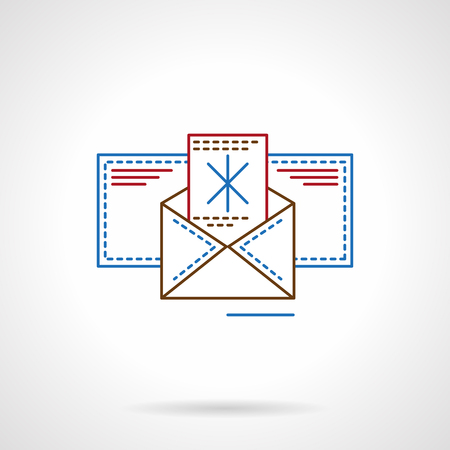 Happy holiday and Merry Christmas card. Letter with abstract snowflake in blank envelope. Flat line color vector icon. Elements of web design for business, website and mobileのイラスト素材