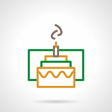 Abstract yellow cake with one candle. Food and desserts for party, anniversary ans celebrations. Simple color line style vector icon. Single web design element for mobile app or website.のイラスト素材