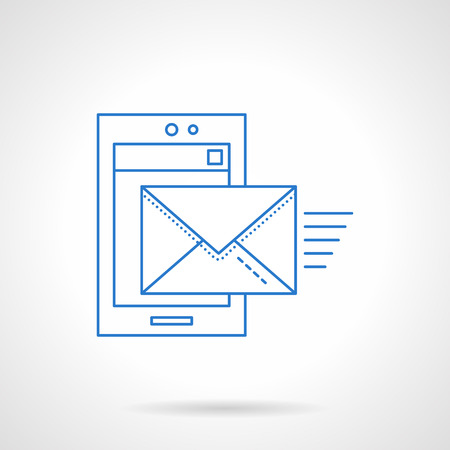 Smartphone with moving out envelope. Mobile mail. Flat blue line style vector icon. Single web design element for mobile app or website.のイラスト素材