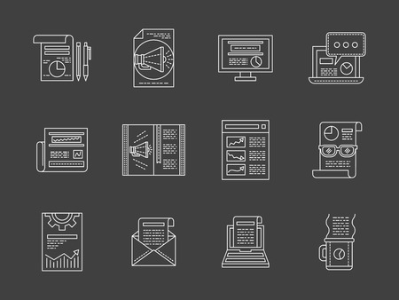 Create an articles for advertising, news, seo, blogging. Newsletter buttons. Set of flat white line vector icons on black background. Web design elements for business, website and mobile.のイラスト素材