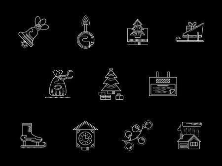 New Year celebration. Christmas accessories and symbols. Collection of white line style vector icon on black background. Web design elements for business, website and mobile.のイラスト素材