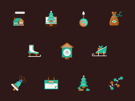 Wintertime fun and leisure. Christmas holidays. Traditional events. Collection of flat color vector icon on brown background. Web design elements for business, website and mobile.のイラスト素材