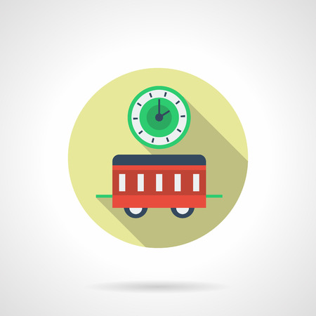 Green clock and red festive train. Meeting the new year on the way. Winter travel. Flat round vector icon. Single web design element for mobile app or website.のイラスト素材