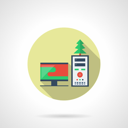 Internet New Year and Christmas sales. Computer and fir tree. Round flat color vector icon with long shadow.  Single web design element for mobile app or website.のイラスト素材