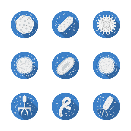 Set of blue round vector icons with white silhouette pathogenic organisms. Virology and bacteriology science symbols. Elements of web design for business, website and mobile.のイラスト素材