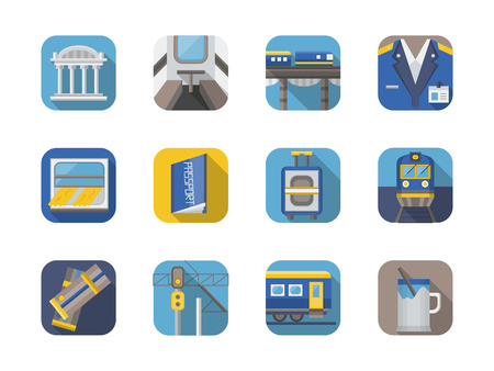 Set of stylish flat color vector icons for railway. Transportation industry. Passenger services. Elements of web design for business, website and mobile.のイラスト素材