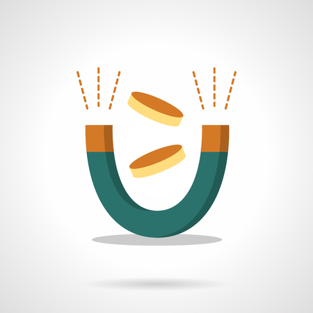 Green horseshoe magnet to attract money coins. Investition for business growth. Flat color style vector icon. Element for web design, business, mobile app.のイラスト素材