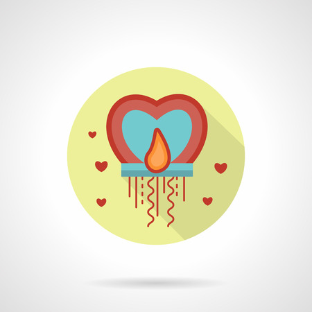 Abstract sky lantern with flame heart shape. Romantic greetings. Valentines day button. Yellow round flat vector icon with long shadow. Element for web design, business, mobile app.のイラスト素材