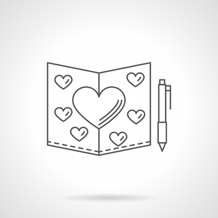 Greeting card with hearts and pen. Love wishes, declaration of love, wedding invitation. Valentines Day theme. Vector icon flat thin line style. Element for web design, business, mobile app.のイラスト素材