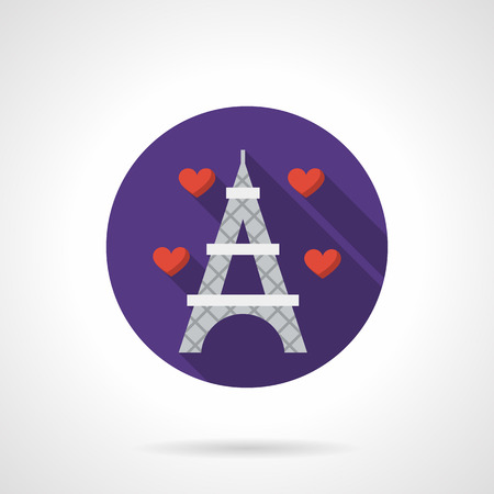 Eiffel Tower with red hearts around. Romantic trip. Honeymoon, wedding travel. Valentines Day series. Vector icon purple round flat style, long shadows. Element for web design, business, mobile app.のイラスト素材