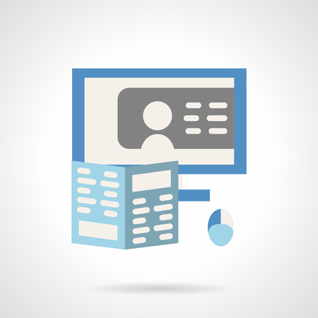 Information technology. Online training, webinar, lecture. Computer and book. Education concept. Vector icon flat color style. Web design element for site, mobile and business.のイラスト素材