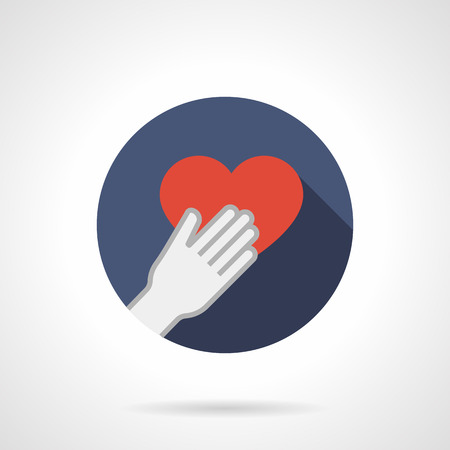 White hand gives or holds red heart. Giving love symbol. Charity and volunteer. Blue round vector icon, long shadow. Element for web design, business, mobile app.のイラスト素材