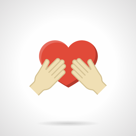 Hands holding red heart. Cherish a love symbol. Concept of charity, health, voluntary. Flat color style single vector icon. Web design element for site, mobile and business.のイラスト素材