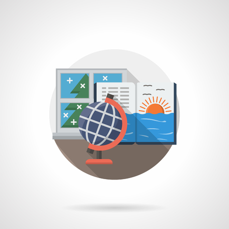 Lessons of natural study at school. Globe, open book with sea sunset. School table near a window. Single detailed flat color style vector icon. Web design elements for business, site, mobile app.のイラスト素材