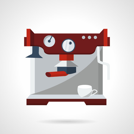 Red color contemporary coffee making machine with white cup. Espresso machine. Vector icon flat color style. Web design element for site, mobile and business.のイラスト素材