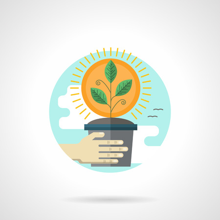 Sun shining to green sprout in a gray pot in a hand. Growing concept. Farming. Single detailed flat color style vector icon. Web design elements for business, site, mobile app.のイラスト素材