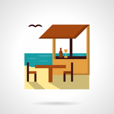 Coastline with tropical cafe. Table with two chairs. Tropical resort. Vector icon flat color style. Web design element for site, mobile and business.のイラスト素材