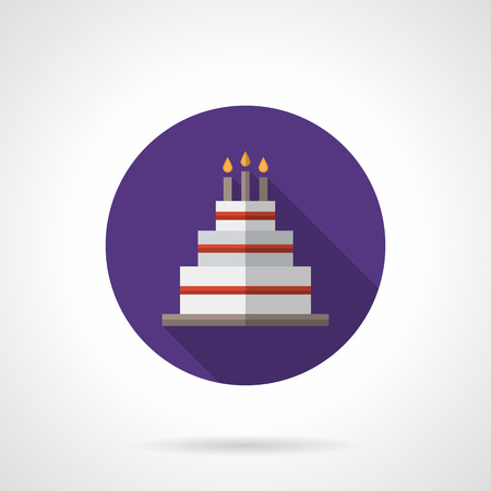 Birthday party organization. Catering button. Festive cake with tree candles. Flat color round vector icon. Element for web design, business, mobile app.のイラスト素材