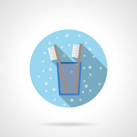 Two toothbrushes in a glass. Bathroom accessories. Hygiene elements. Bubbles style. Flat color round vector icon. Element for web design, business, mobile app.のイラスト素材