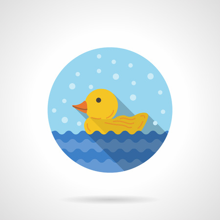 Yellow duckling floating on a small waves. Long shadow. Bird toy. Rubber duck. Bubbles style. Flat color round vector icon. Element for web design, business, mobile app.のイラスト素材