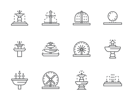 Different types of decorative fountains. Park and gardens small architecture. Outdoors and interior decor elements. Collection of black simple line vector icons. Elements for web design and mobile.のイラスト素材