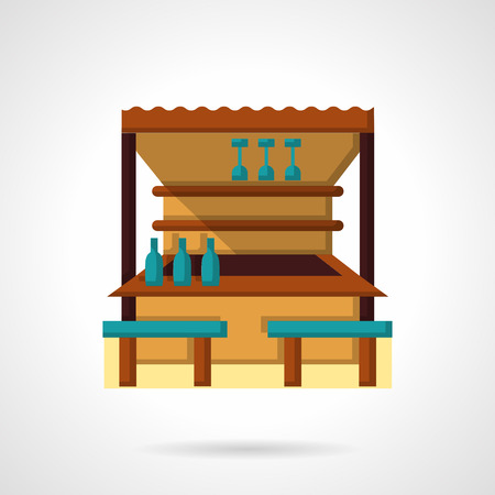 Wooden outdoor bar or cafe with blue seats, bottles and glasses. Tropical resoth. Beach cafe-bars and bungalows. Flat color style vector icon. Web design element for site, mobile and business.のイラスト素材