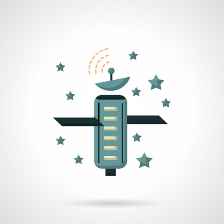 Space artificial satellite and stars. Telecommunication and navigational technology. Space research. Astronomy. Flat color style vector icon. Web design element for site, mobile and business.のイラスト素材