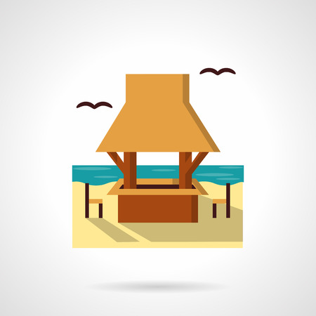 Outdoors cafe or bar on sea sand beach. Gazebo with table and seats. Tropical resort. Cafe and bungalows.  Flat color style vector icon. Web design element for site, mobile and business.のイラスト素材