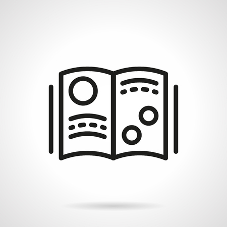 Open book with abstract sample text and illustrations. Planets or other objects. Science and education. Scientific magazine. Simple black line vector icon. Single element for web design, mobile app.のイラスト素材