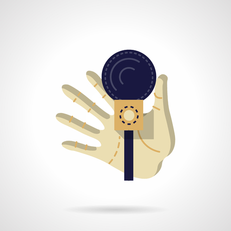 A hand holds dark blue microphone. Media entertainment, karaoke, show. Party organization. Journalist interview. Flat color style vector icon. Web design element for site, mobile and business.のイラスト素材