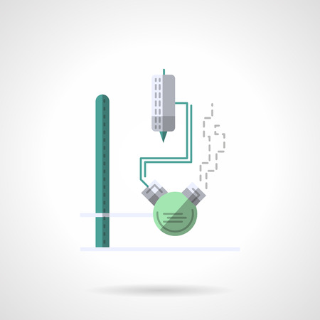 Flask with tube and thermometer on a rack. Laboratory equipment. Chemistry research, biology, pharmacology and medicine. Flat color style vector icon. Web design element for site, mobile and business.のイラスト素材
