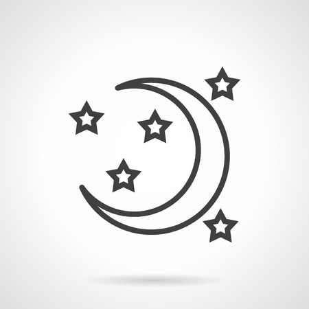 Crescent or a new moon and stars. Symbol of night and time for sleep. Astronomy and astrology. Sign for meteorology. Simple black line vector icon. Single element for web design, mobile app.のイラスト素材