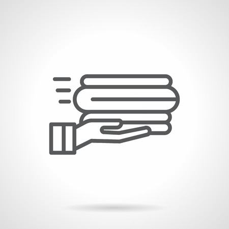 Neatly folded linen on hands. Services on laundry clothes for household and hotel. Sale of towels and bed linen. Simple black line vector icon. Single element for web design, mobile app.のイラスト素材