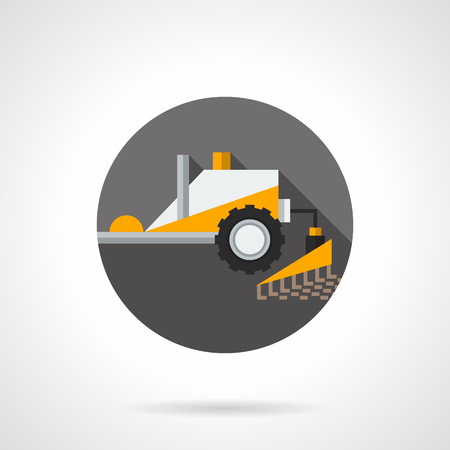 Yellow tractor for tillage. Plowing equipment. Agriculture, farming, agronomy and soil cultivation. Round flat color style vector icon. Web design element for site, mobile and business.のイラスト素材