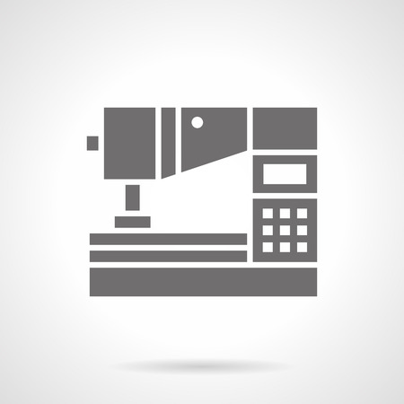 Computerized equipment for workshop. Sewing machine with digital control panel. Factory production with modern manufacture. Symbolic black glyph style vector icon.のイラスト素材