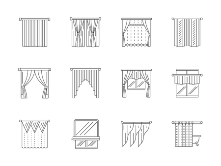 Different curtains and blinds for interior design. Living room, kitchen, cafe, shower curtain and others. Set of flat line style vector icons.のイラスト素材