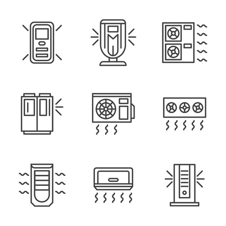 Air conditioners and air filter cleaning systems. Climatic equipment and appliances. Vector collection of simple black line style icons.のイラスト素材