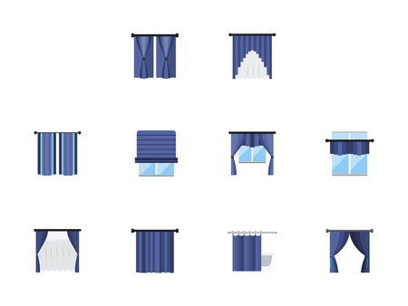 Collection of blue color various window treatments curtains, drapes, shades, blinds. Textile design for home, office, hotel or restaurant interior. Set of flat style vector icons.のイラスト素材