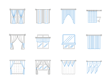 Luxury and classical curtains, drapes, blinds, pelmet and lambrequin. Textile window decoration for stylish interior design. Set of black and blue flat line style vector icons.のイラスト素材