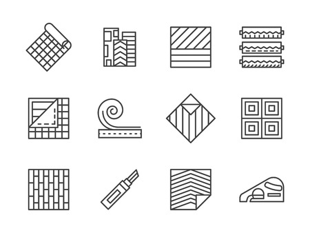 Building materials theme. Samples of linoleum flooring, floor covering services. Construction and renovation. Set of simple black line style vector icons on white.のイラスト素材