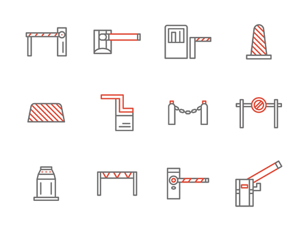 Collection of traffic control and restricted area equipment. Construction barricade, gates, parking payment station, railway barrier and others. Set of simple gray and red line style vector icons.のイラスト素材