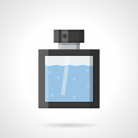 Glass transparent perfume bottle decorated with black frame and cap. Men cologne and fragrance, after shave lotion. Flat color style vector icon.のイラスト素材