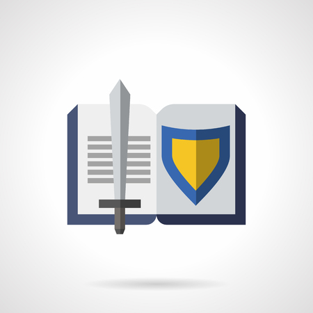 Literature genres symbol. Open book with sword and blue and yellow shield. Historical fiction, novels about knights. Flat color style vector icon.のイラスト素材