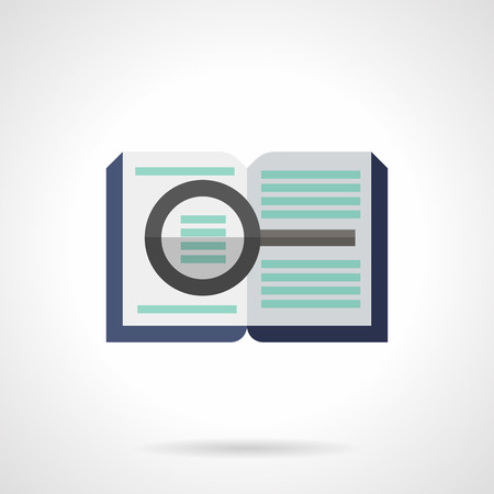 Open book with magnifier. Forensic examination and investigation. Symbol of reference and educational literature. Flat color style vector icon.のイラスト素材