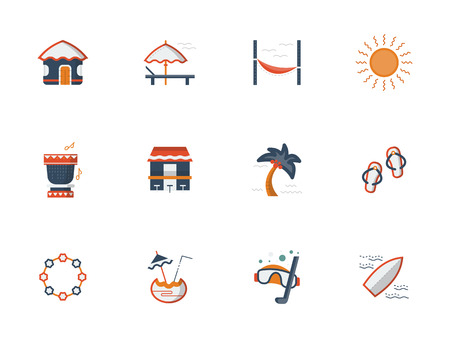 Hawaii beach flat color vector icons setのイラスト素材
